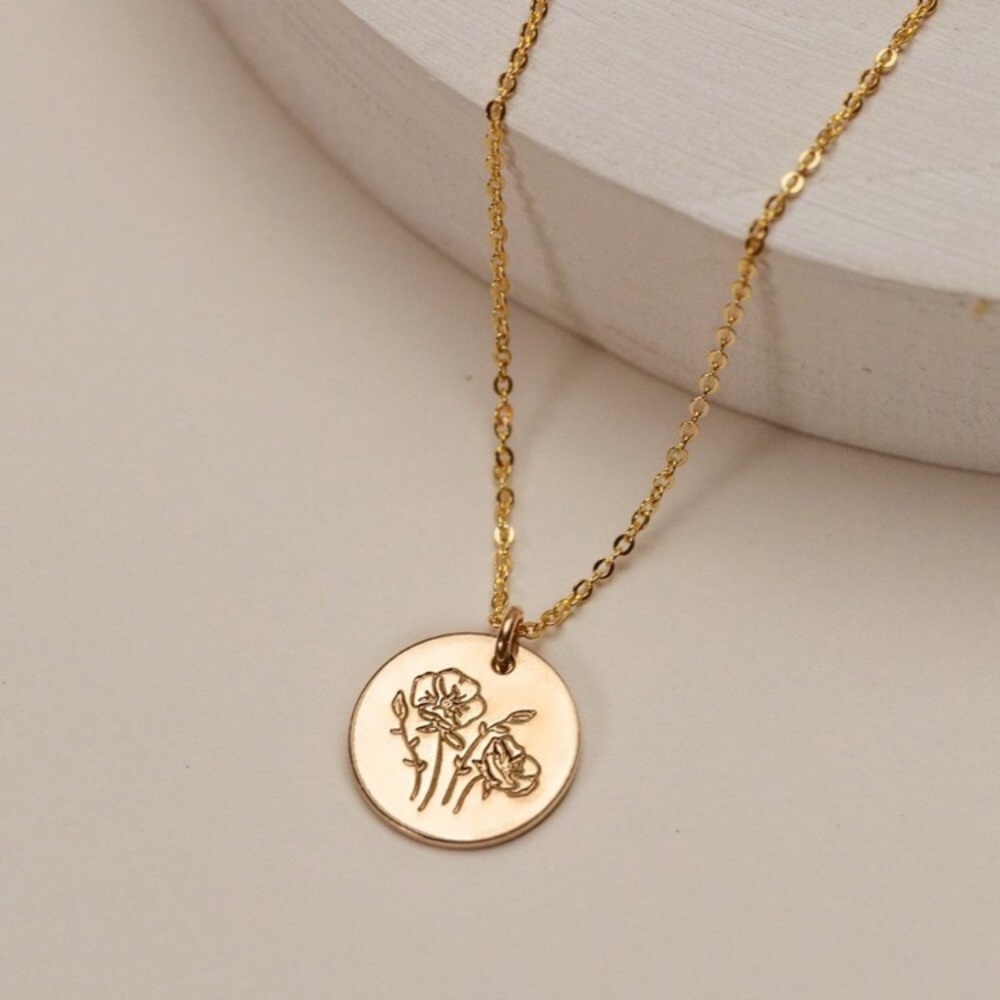 NEW August Poppy Birth Flower Gold Coin Necklace - Picture 6 of 16